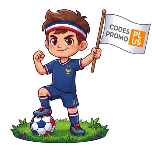 Mascotte CodesPromoPlus aux couleurs de l'équipe de France pour la Coupe du Monde 2026